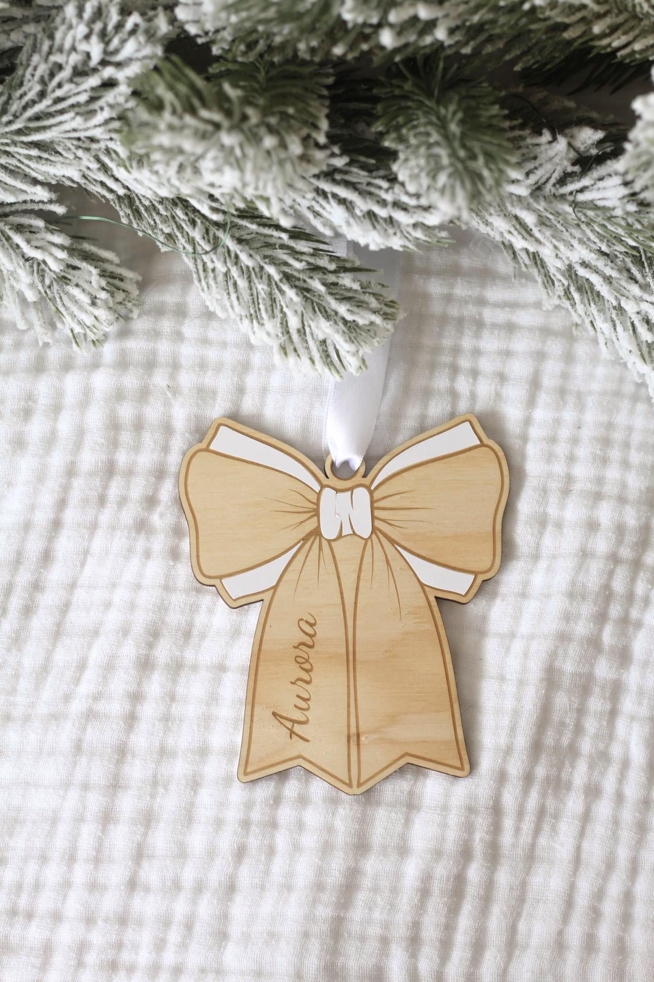 Personalised Wooden Bow Christmas Ornament | Wooden Gift Tag