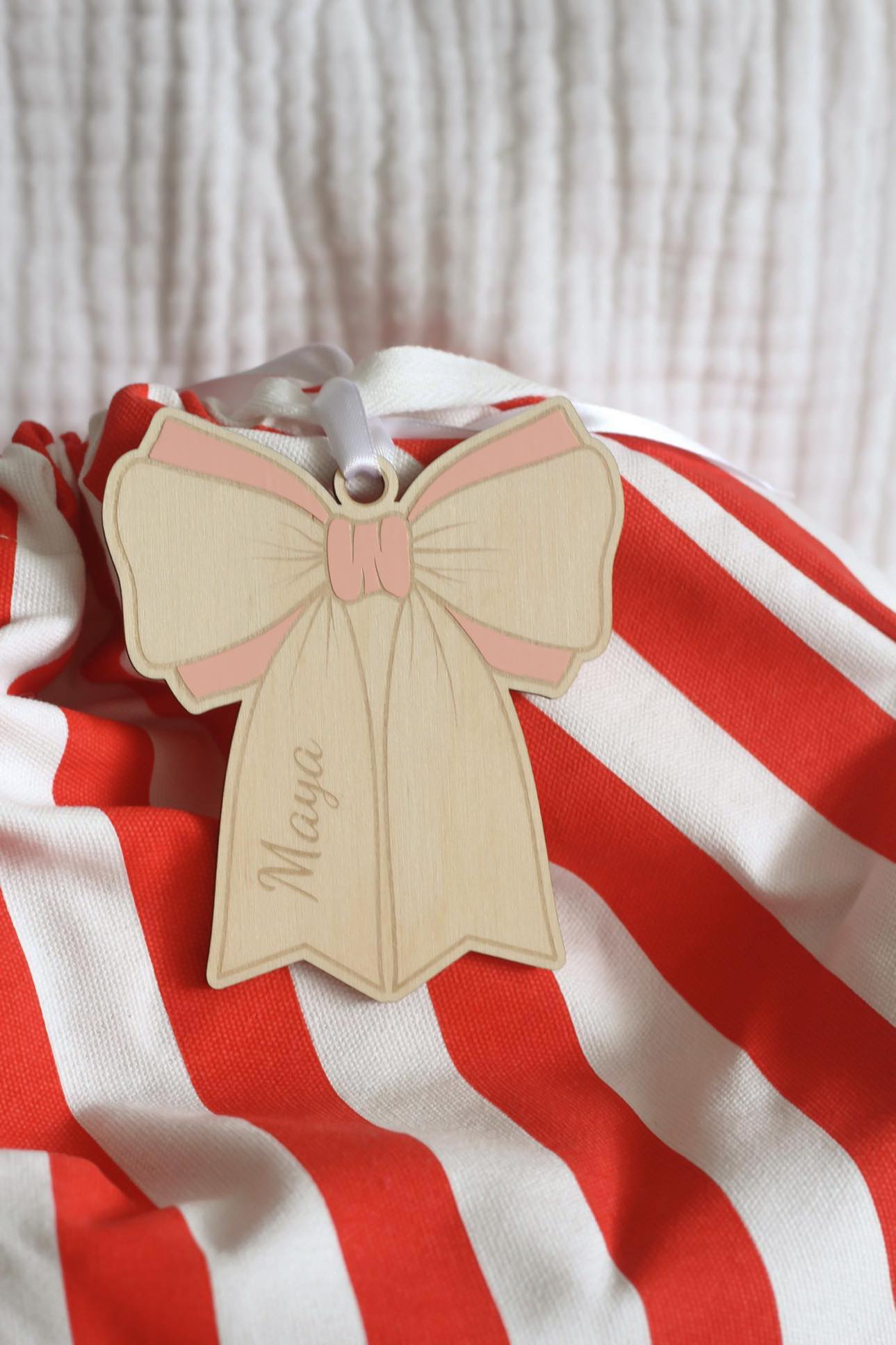 Personalised Wooden Bow Christmas Ornament | Wooden Gift Tag
